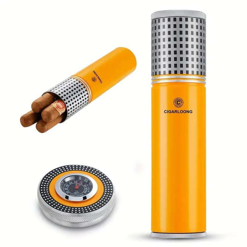 Orange cigar humidor with silver grid design and Cigarloong branding on a white background
