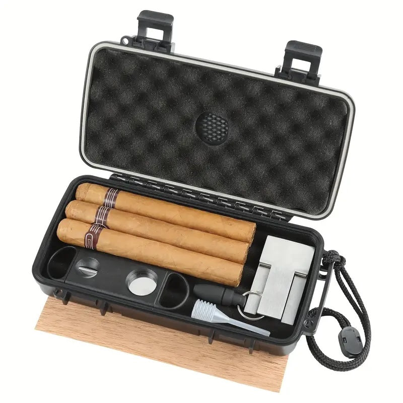 Cigar travel case with cigars, cutter, and other accessories on a white background
