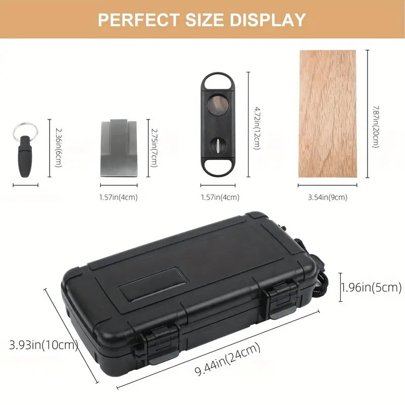 Black hard-shell carrying case with measurements of various small items on a white background