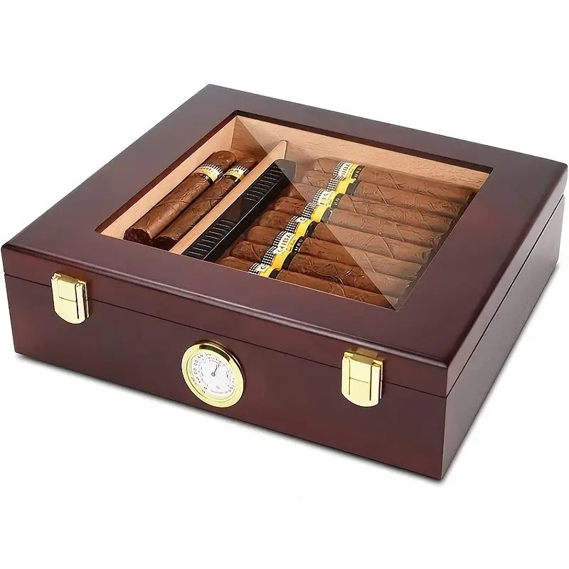 Wooden humidor with cigars and a clock on a white background
