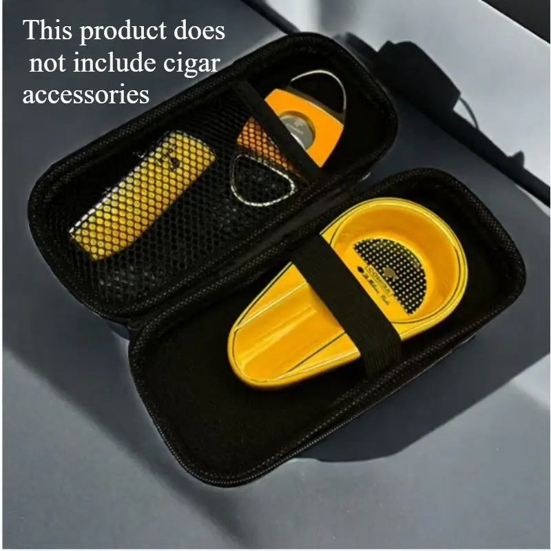 Black carrying case with yellow and black accessories on a gray background