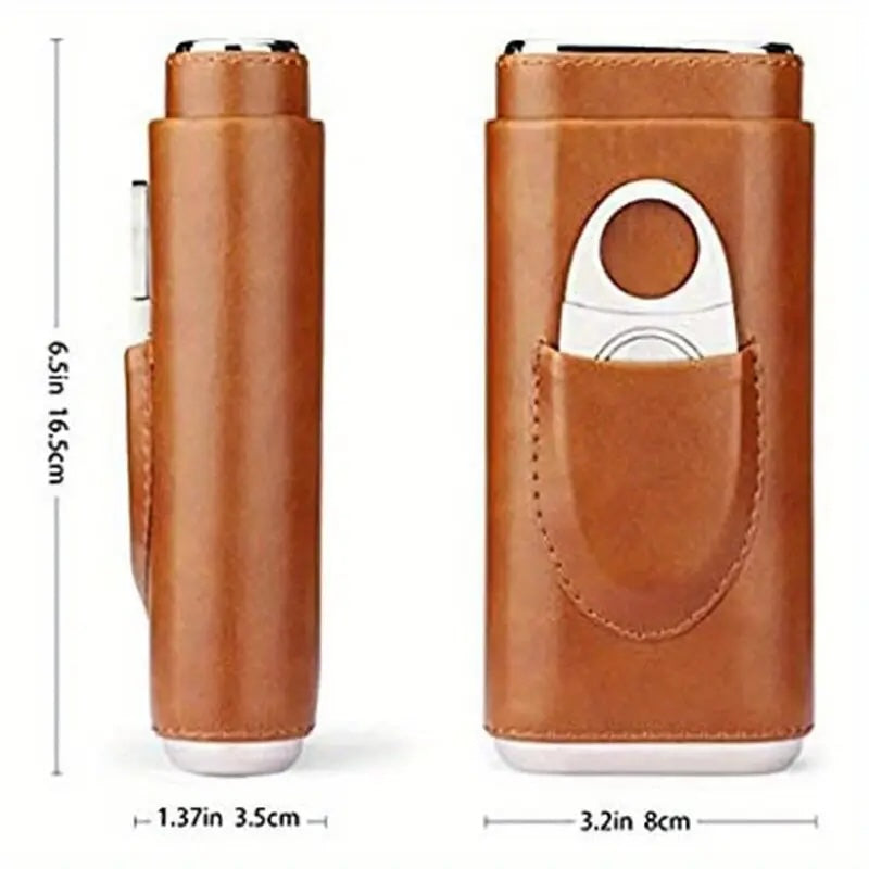 Brown leather cigar case with cutter on a white background