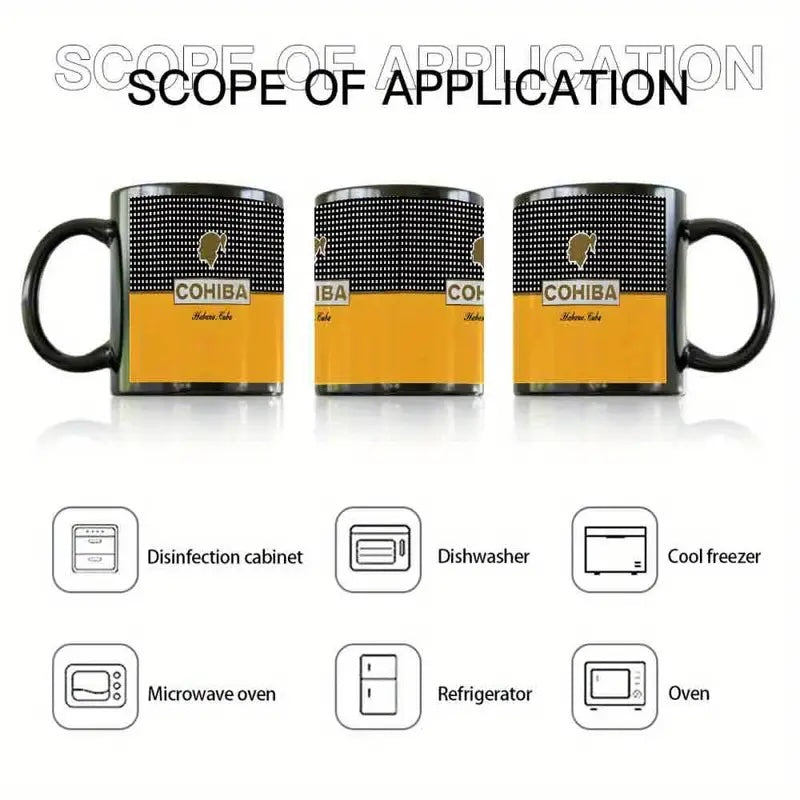 Three COHIBA branded mugs with scope of application icons below on a white background