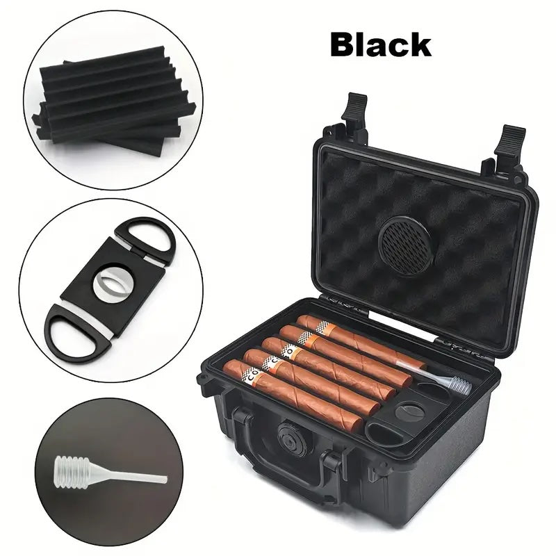 Black cigar humidor with cigars, a cutter, and a cleaning tool on a white background.