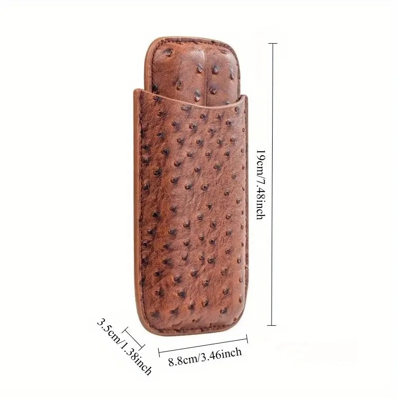 Brown ostrich patterned phone case with dimensions on a white background