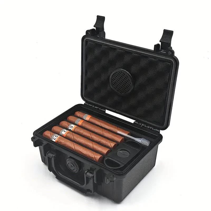 Black cigar case with cigars and a cutter on a white background