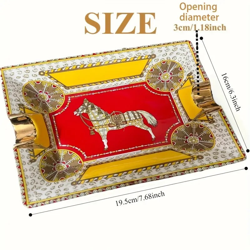 Decorative tray with horse design and measurements on a white background