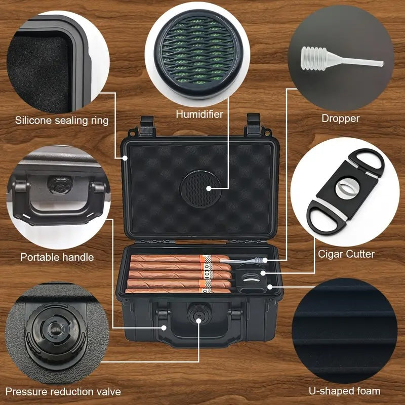 Cigar humidor with labeled parts on a wooden background