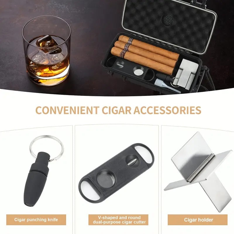 Cigar accessories including a glass of whiskey, a case with cigars, a cigar punching knife, a V-shaped cutter, and a holder on a dark surface.