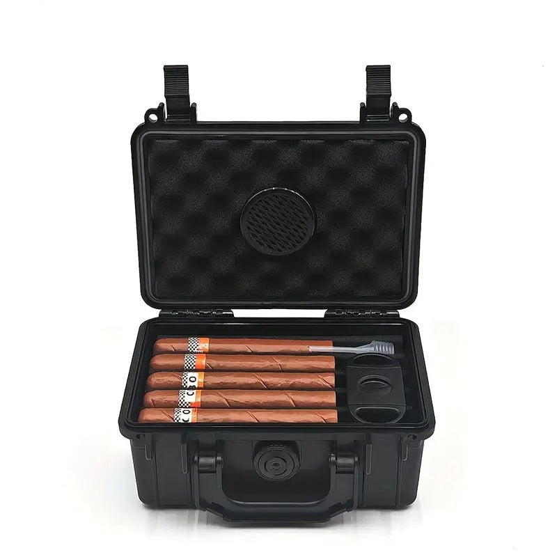 Black travel case with cigars and a cutter on a white background
