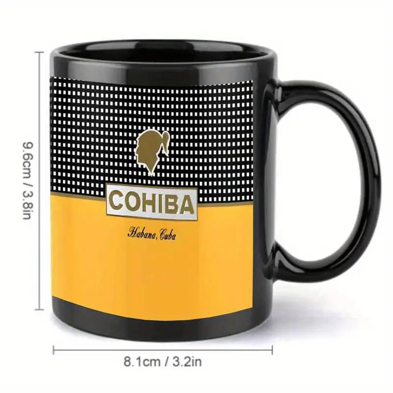 Black and yellow mug with Cohiba logo and measurements on a white background