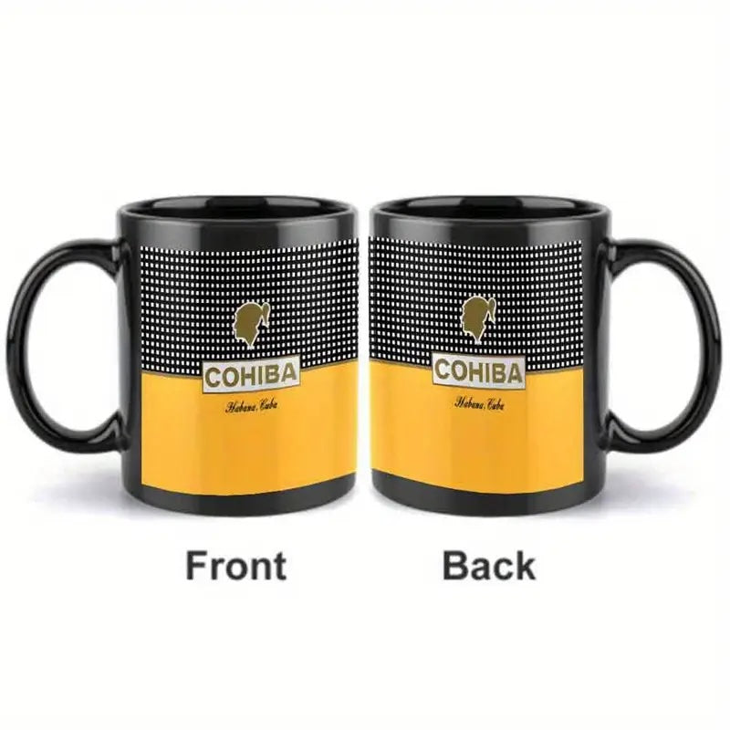 Two black mugs with Cohiba branding, one showing front and the other back view.