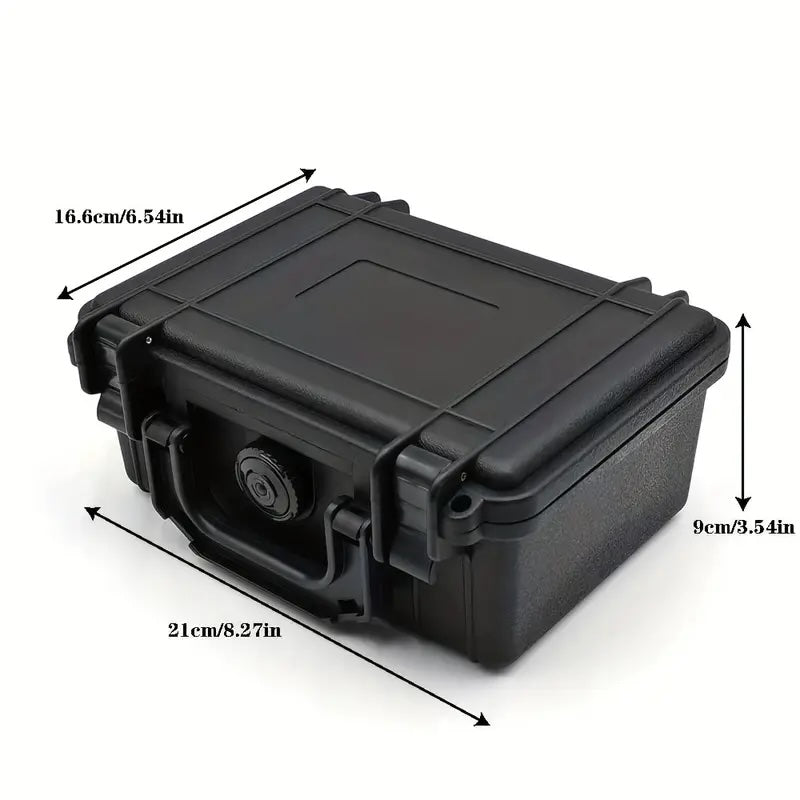 Black rectangular case with dimensions indicated on a white background