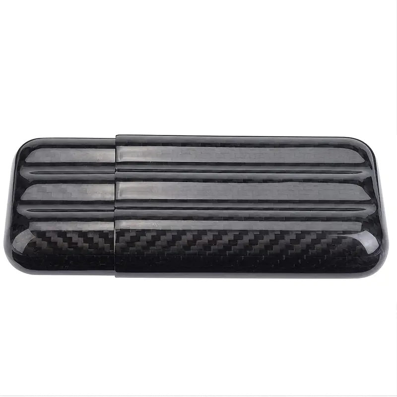 Black carbon fiber patterned metal case on a white background