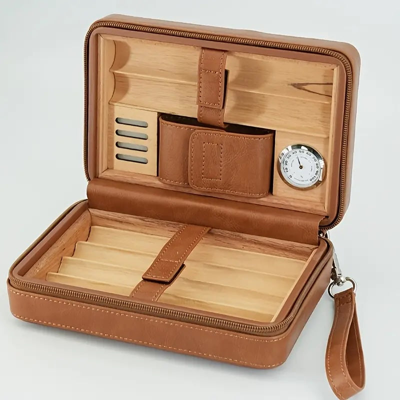 Brown leather humidor with wooden interior on a light gray background