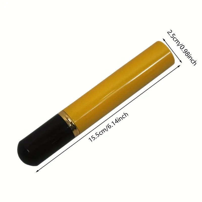Yellow and black pen with measurements on a white background