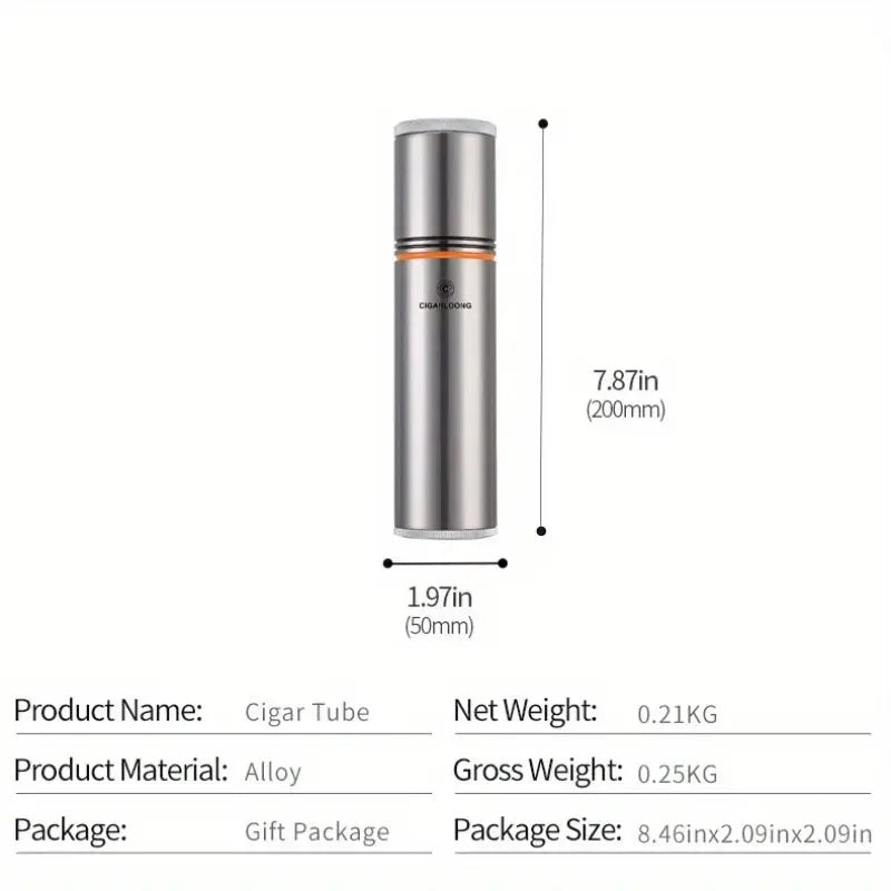 Silver cigar tube with dimensions and product details on a white background