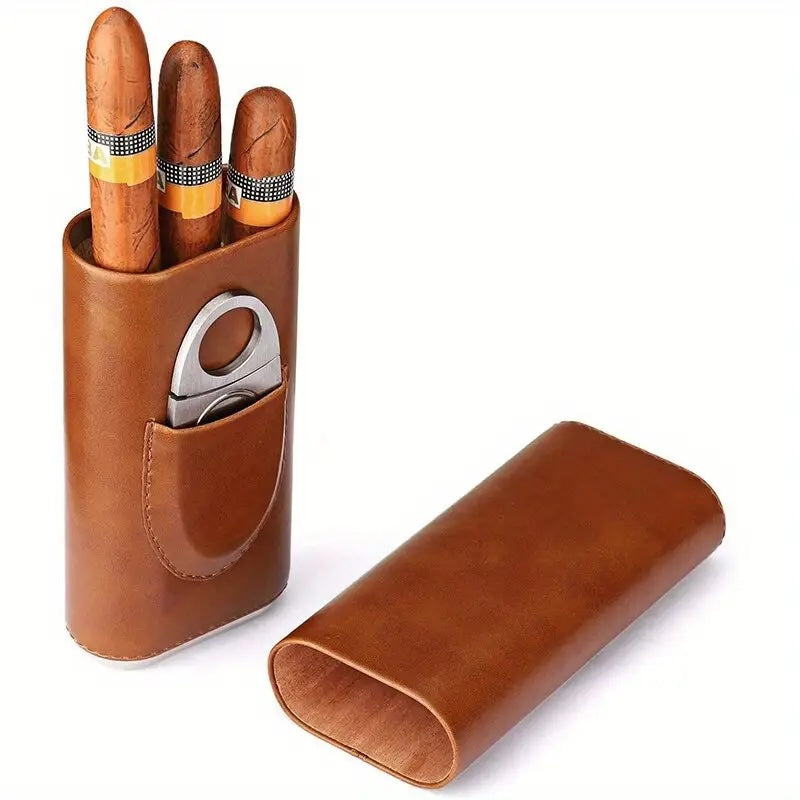 Brown leather case with three cigars and a cutter on a white background