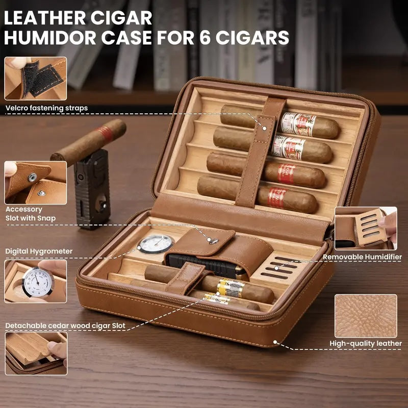 Brown leather cigar humidor case with features highlighted on a wooden surface