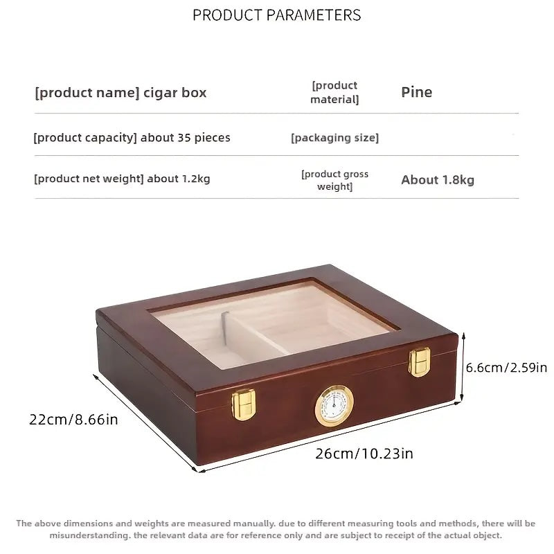 Wooden cigar box with dimensions and product parameters on a white background