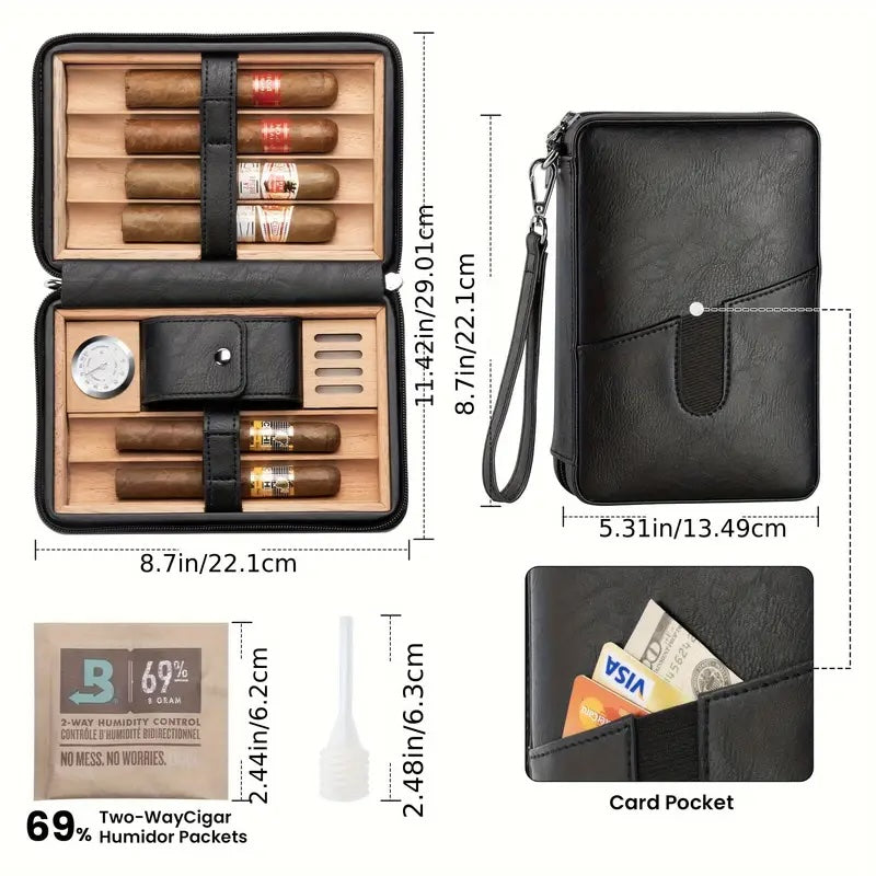 Black leather cigar humidor with wooden interior, dimensions, and accessories displayed.