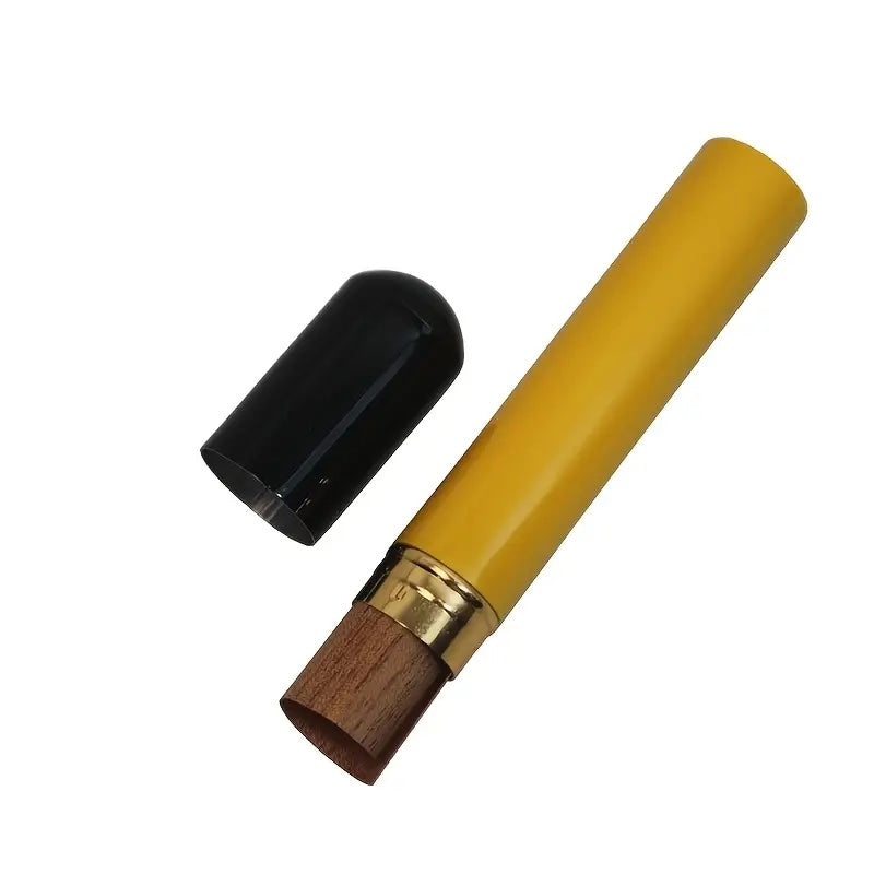 Yellow pen with black cap and wooden tip on a white background
