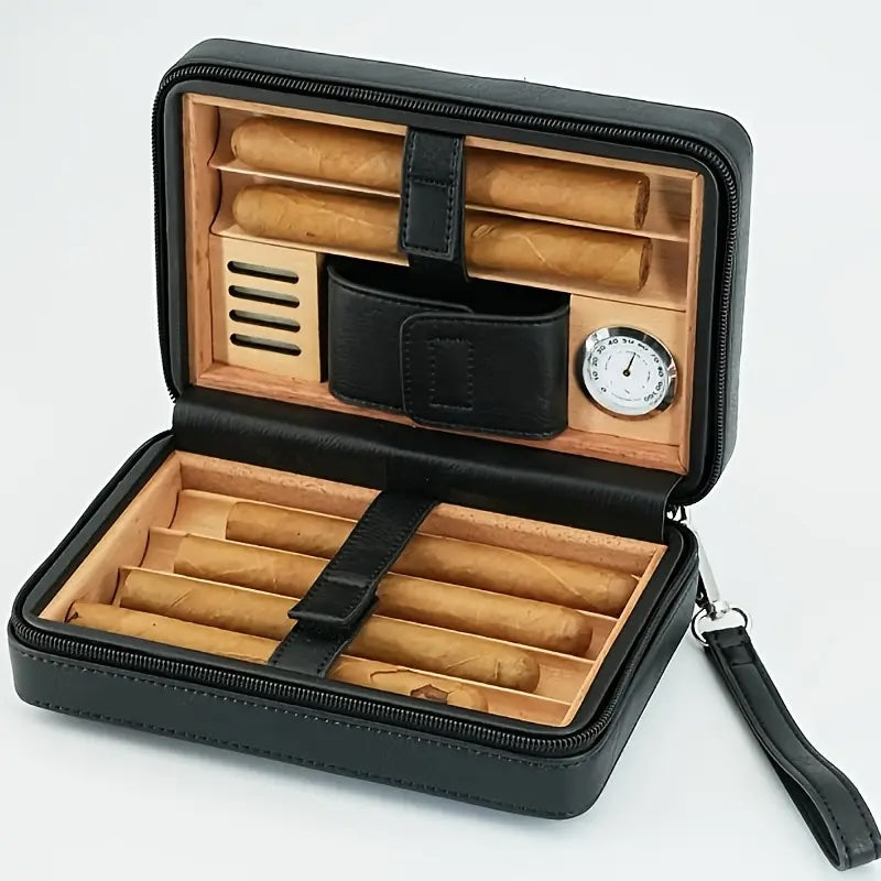 Cigar humidor with wooden interior and black exterior on a white background