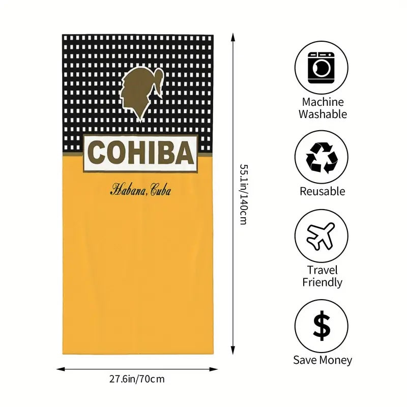 Cohiba branded towel with dimensions and features on a white background