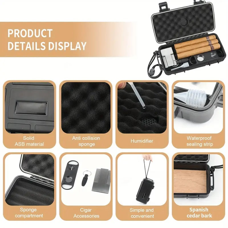 Product details display with various features of a travel case on a beige background.