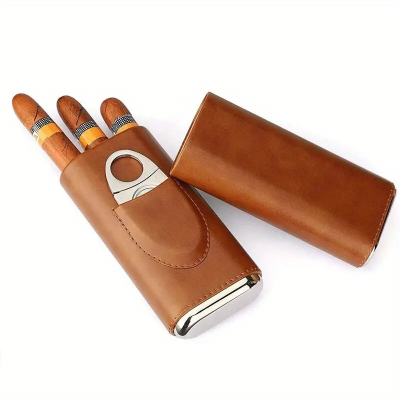 Brown leather cigar case with three cigars and a cutter on a white background