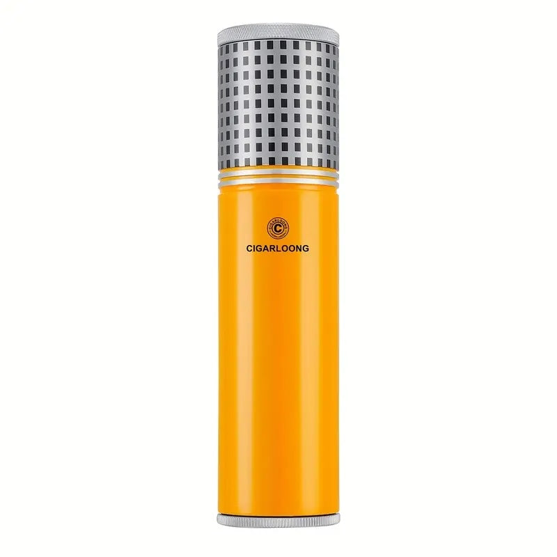 Orange cylindrical container with checkered lid on a white background