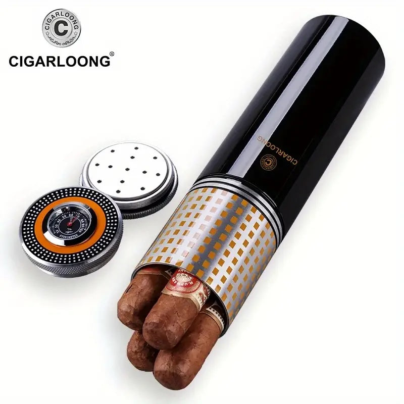 Cigar holder with cigars and a grinder on a white background, featuring the Cigarloong brand.