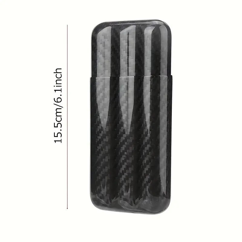 Carbon fiber patterned lighter case with dimensions on a white background
